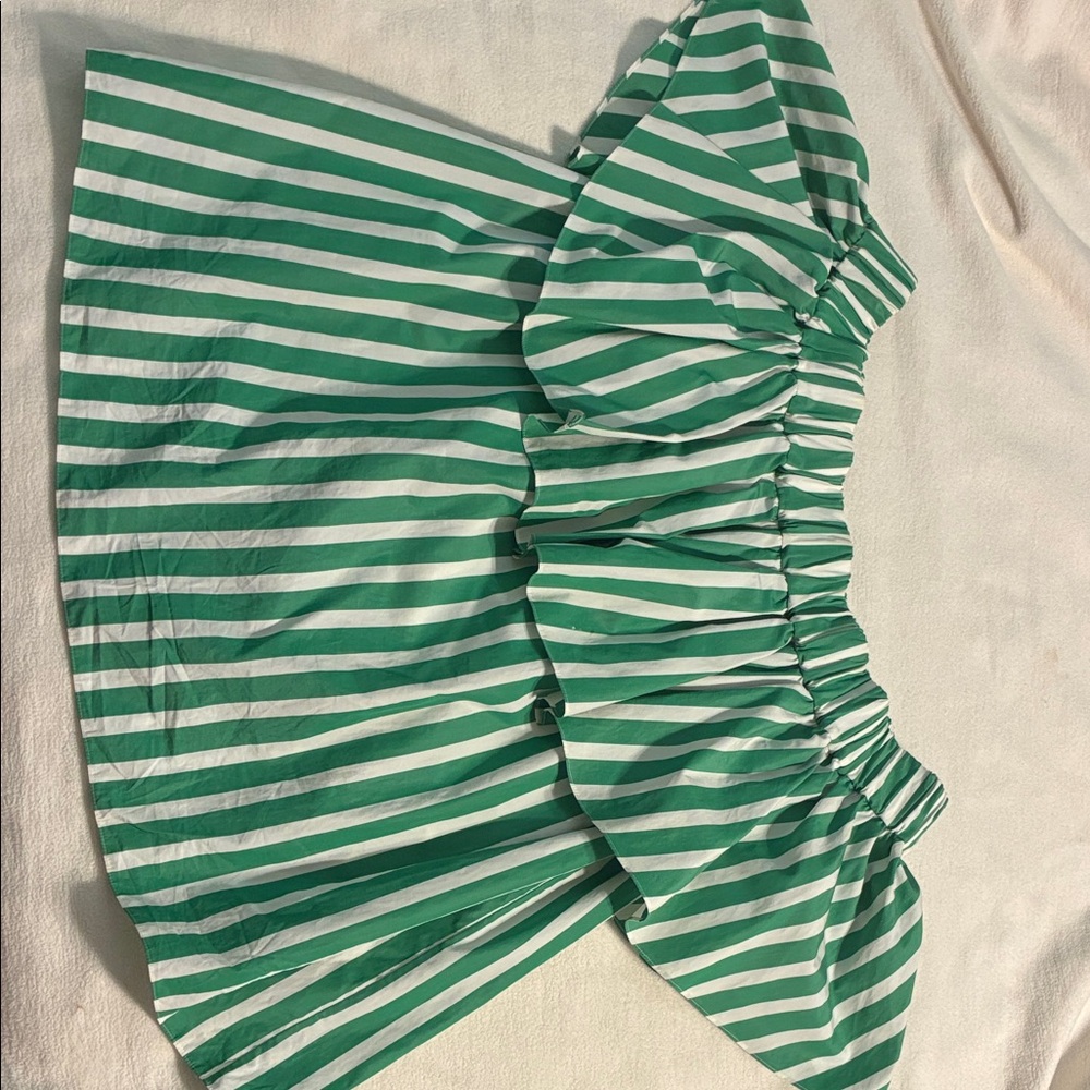 Lds 38 Madison Rabih Kayrouz Green and White Striped Off-Shoulder Top